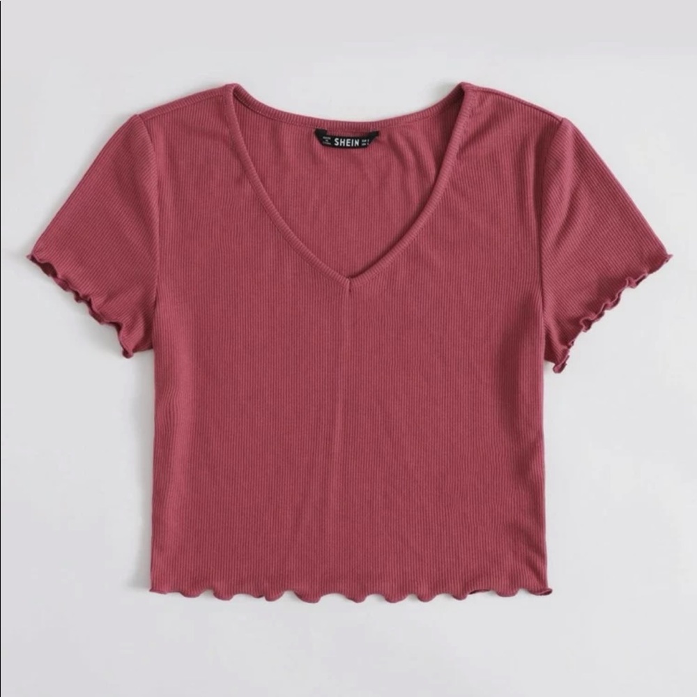 V Neck Lettuce Trim Rib-knot Crop Top